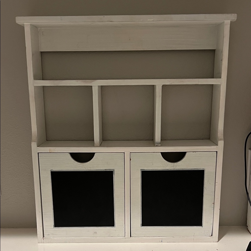 White Wooden Wall Shelf with Black Chalkboard Panels